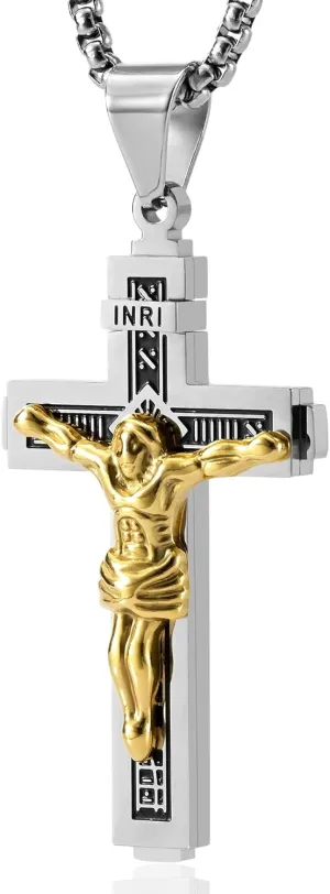 MOOSKI Crucifix Cross Necklace for Men,Silver Gold Jesus on INRI Mens Cross Necklaces with 3mm Cross Chain and Stainless Steel Cross Pendant Jewelry Gifts,Rolo Chain 22-24 Inch
