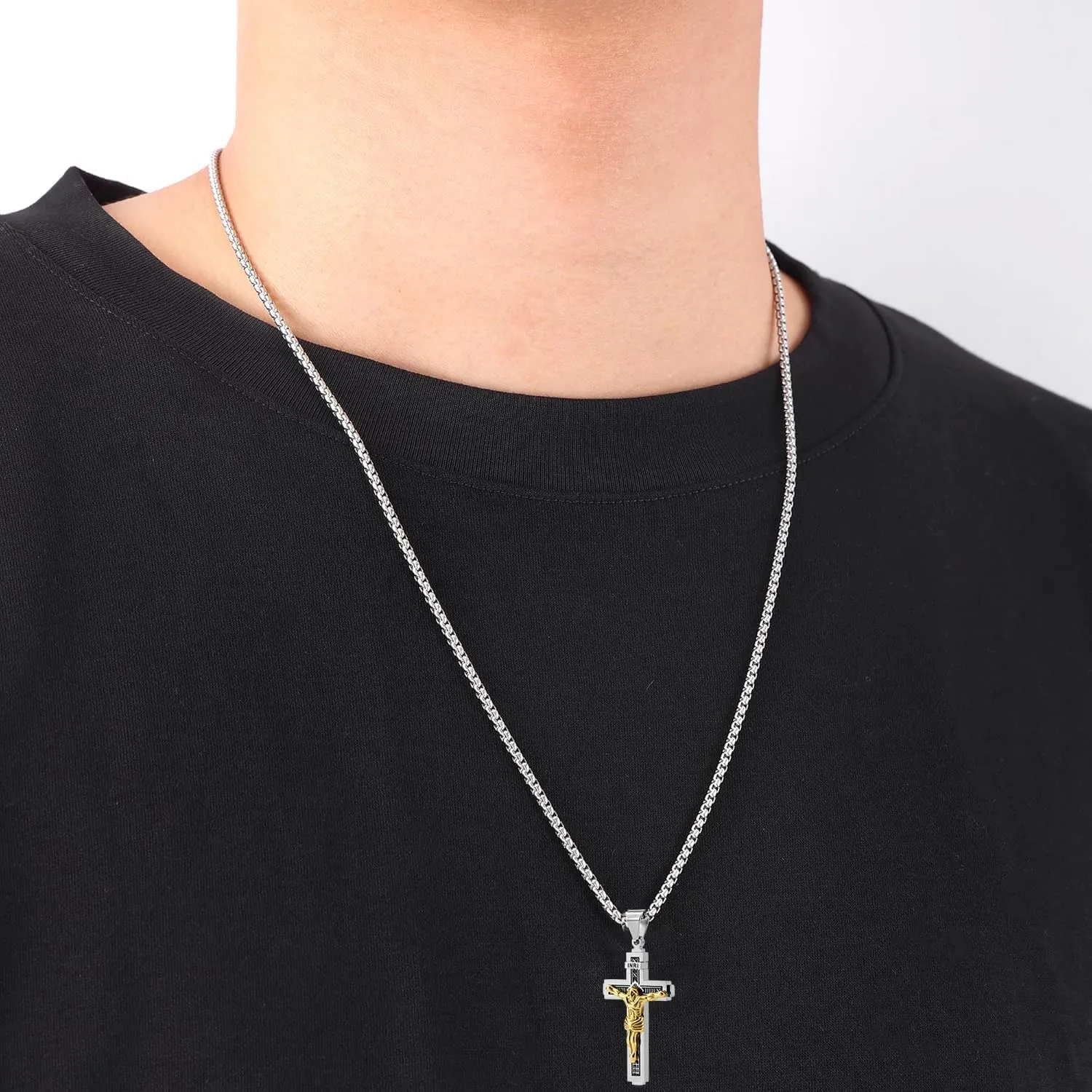 MOOSKI Crucifix Cross Necklace for Men,Silver Gold Jesus on INRI Mens Cross Necklaces with 3mm Cross Chain and Stainless Steel Cross Pendant Jewelry Gifts,Rolo Chain 22-24 Inch