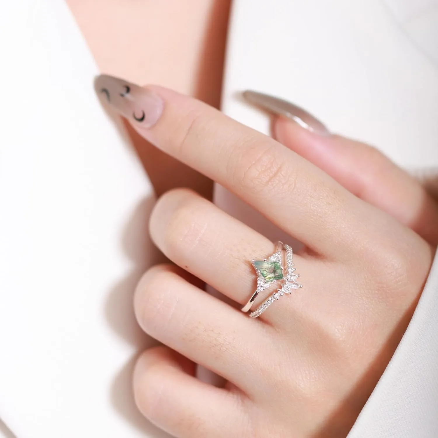 Moss Agate Ring Gemstone Silver Rings for Women Kite Cut Moss Agate Engagement Rings Set for Women Engagement Jewelry