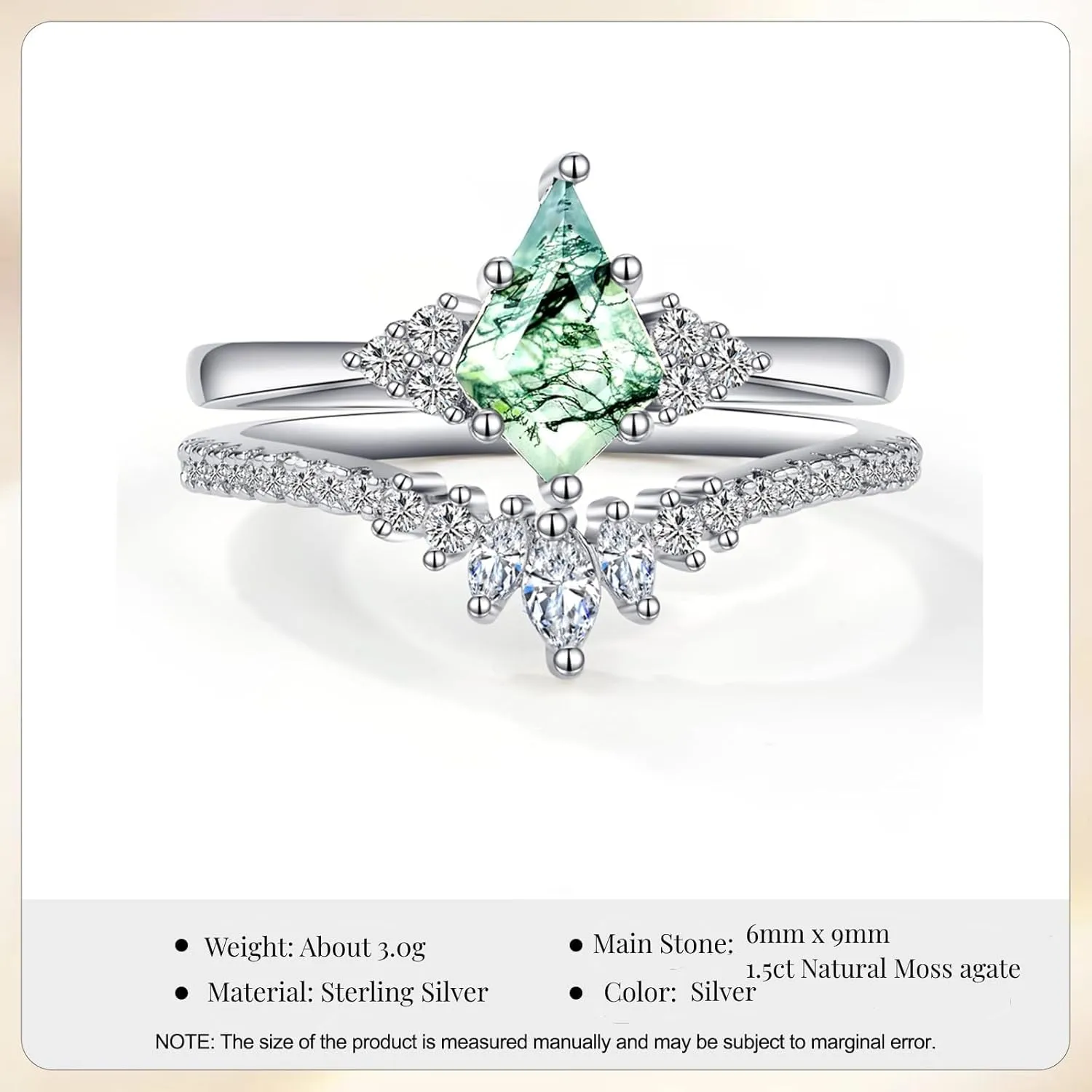 Moss Agate Ring Gemstone Silver Rings for Women Kite Cut Moss Agate Engagement Rings Set for Women Engagement Jewelry