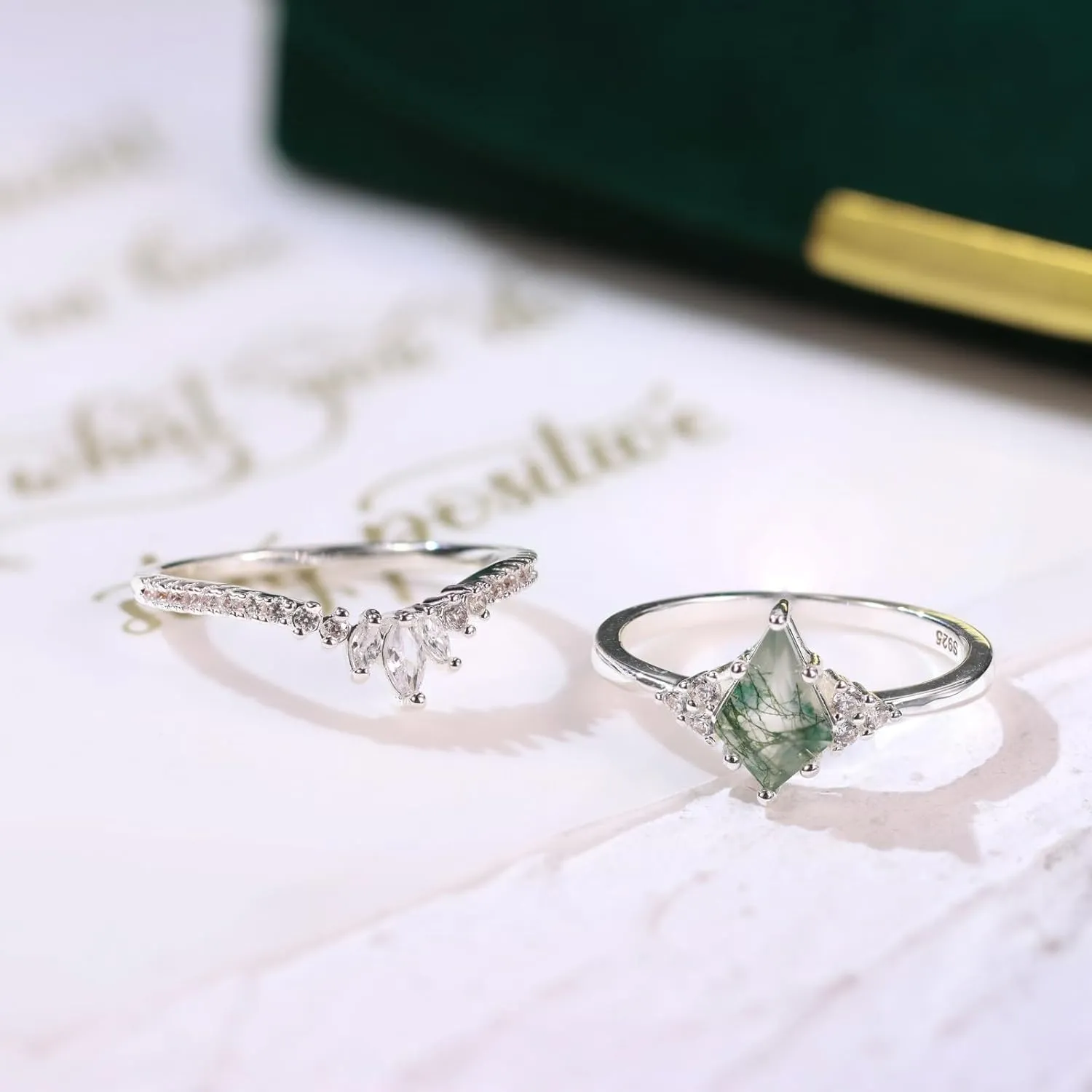 Moss Agate Ring Gemstone Silver Rings for Women Kite Cut Moss Agate Engagement Rings Set for Women Engagement Jewelry