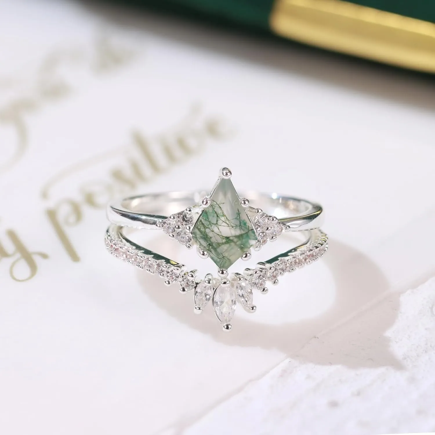 Moss Agate Ring Gemstone Silver Rings for Women Kite Cut Moss Agate Engagement Rings Set for Women Engagement Jewelry