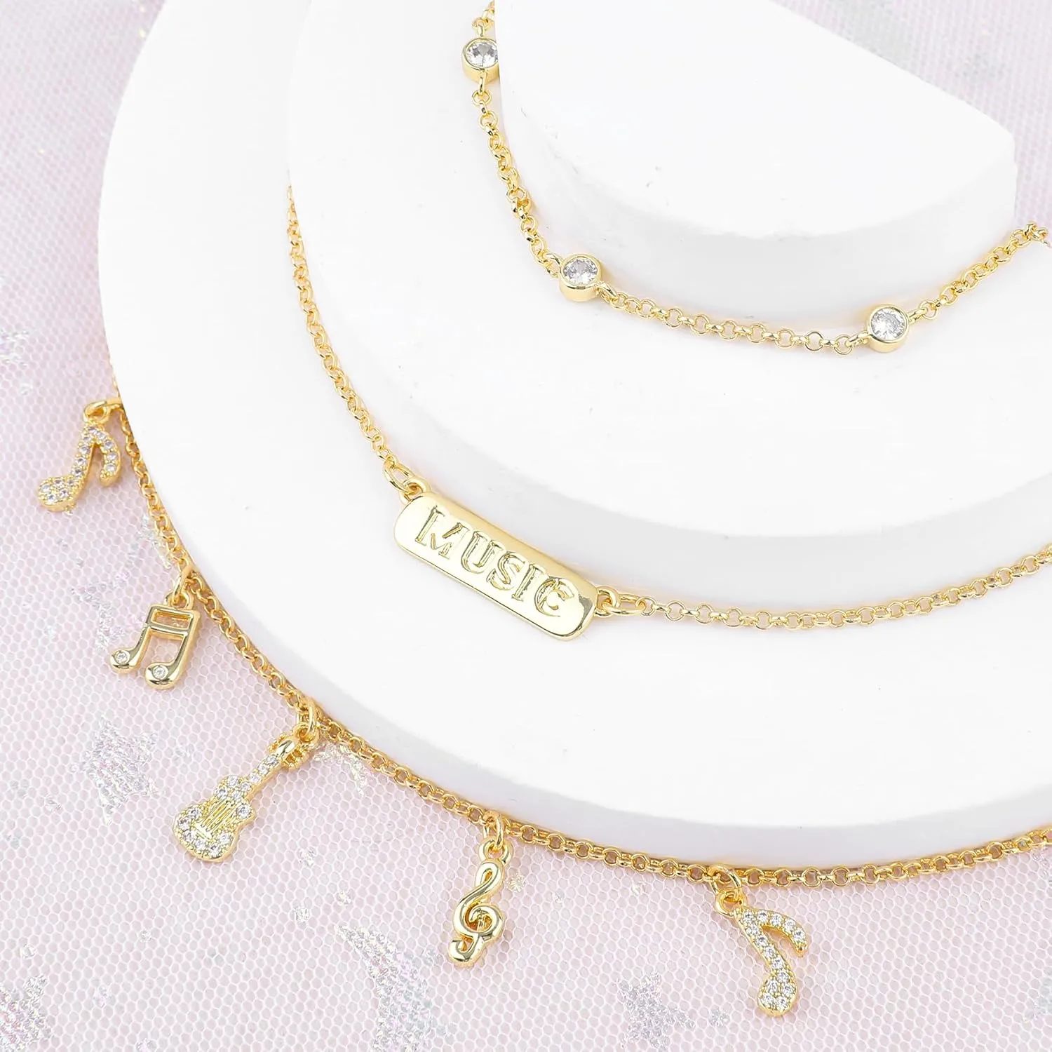 Multilayered Gold Charm Necklace for Women Sweet Fruit Sports Music Queen Cubic Zirconia Choker Tag Necklace with Cute Theme Pendant Adjustable Y2K Necklace Summer Beach Party Jewelry Gift