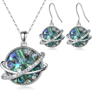 Natural Abalone Necklace and Earrings Set Galaxy Planet Jewelry Set for Women Teenage Girls - Unique Gifts for Her