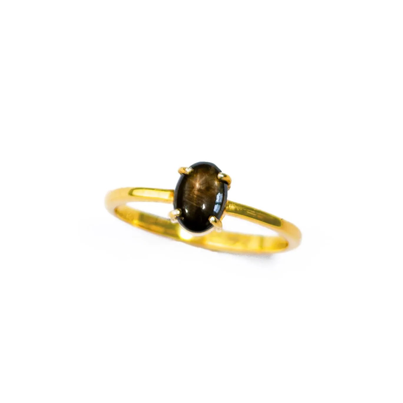 Natural Black Star Sapphire Cabochon Ring, Prong Oval Gemstone Ring, Stackable Solitaire Oval Ring, Star Gemstone Birthday Gift for Her