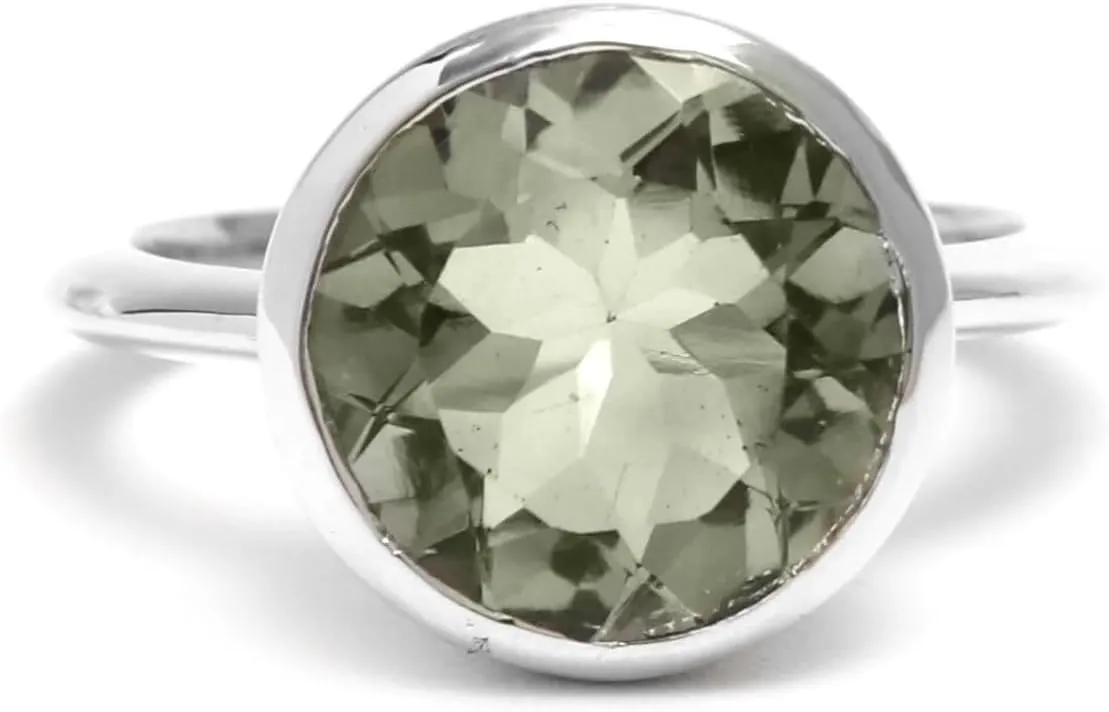 Natural Green Amethyst Round Gemstone Ring, Solid 925 Sterling Ring, Round Faceted Amethyst Jewelry, Minimalist Ring For Women, Bridal Gift For Her, Engagement For Her