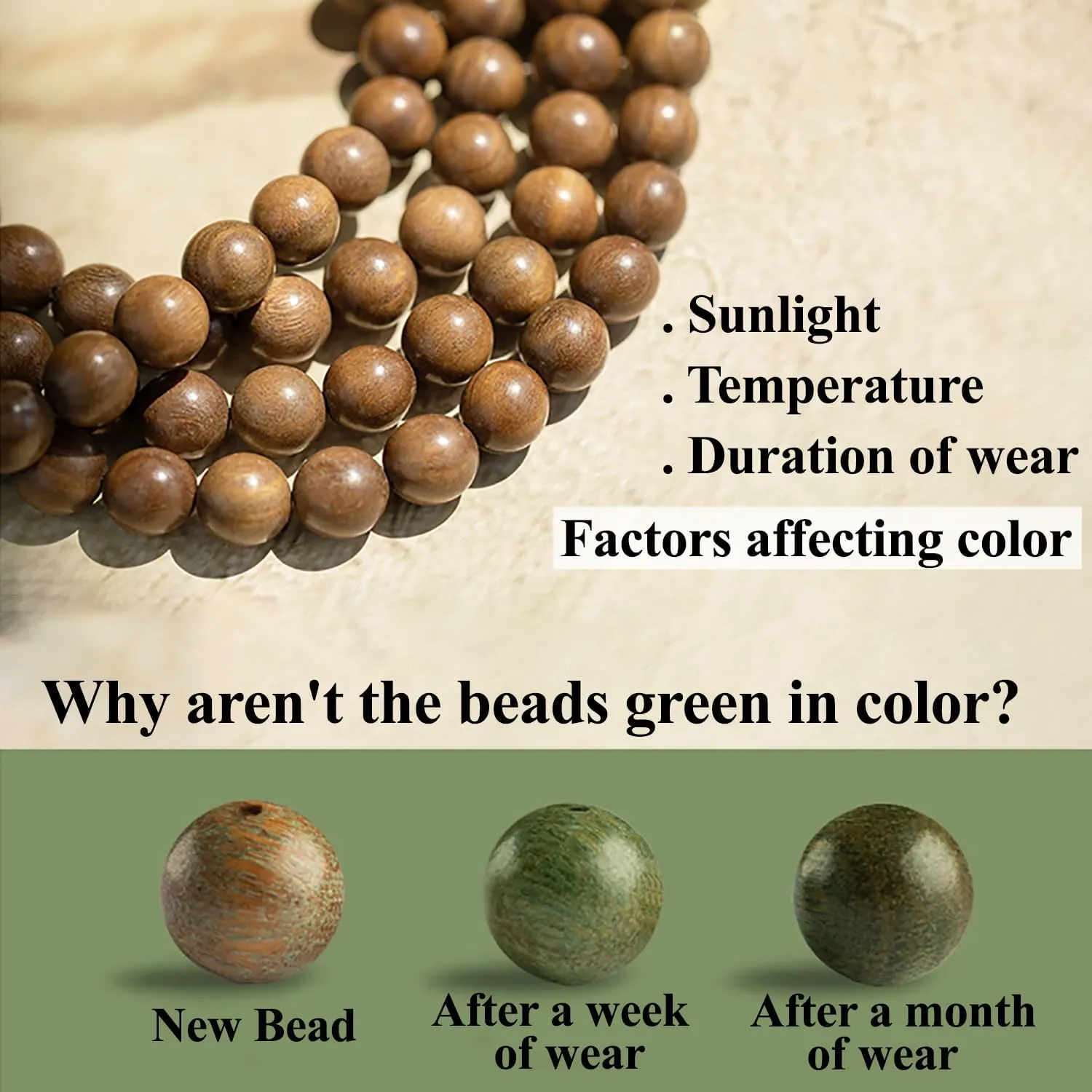 Natural Green Sandalwood 108 Mala Bead Necklace Buddhist Prayer Beads for Meditation or Yoga
