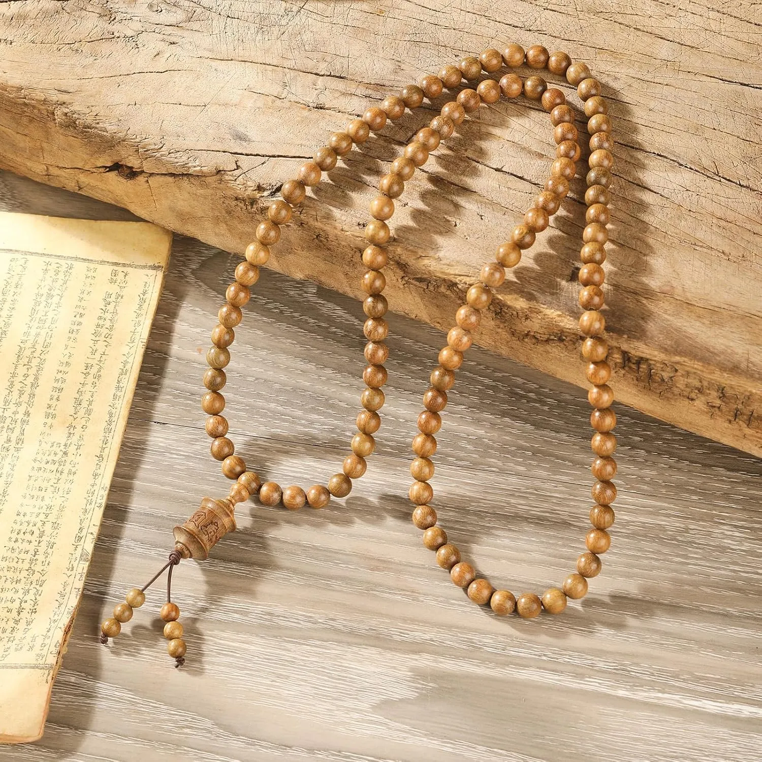 Natural Green Sandalwood 108 Mala Bead Necklace Buddhist Prayer Beads for Meditation or Yoga