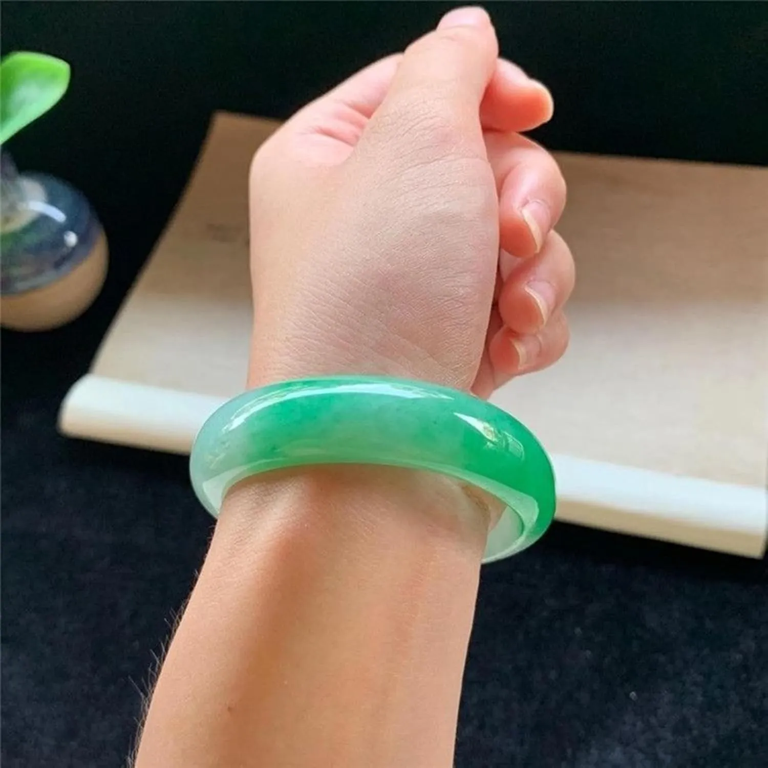 Natural Jade Bangle Bracelet for Women, White Floating Flower Green Jade Bracelet,Handmade with certificate
