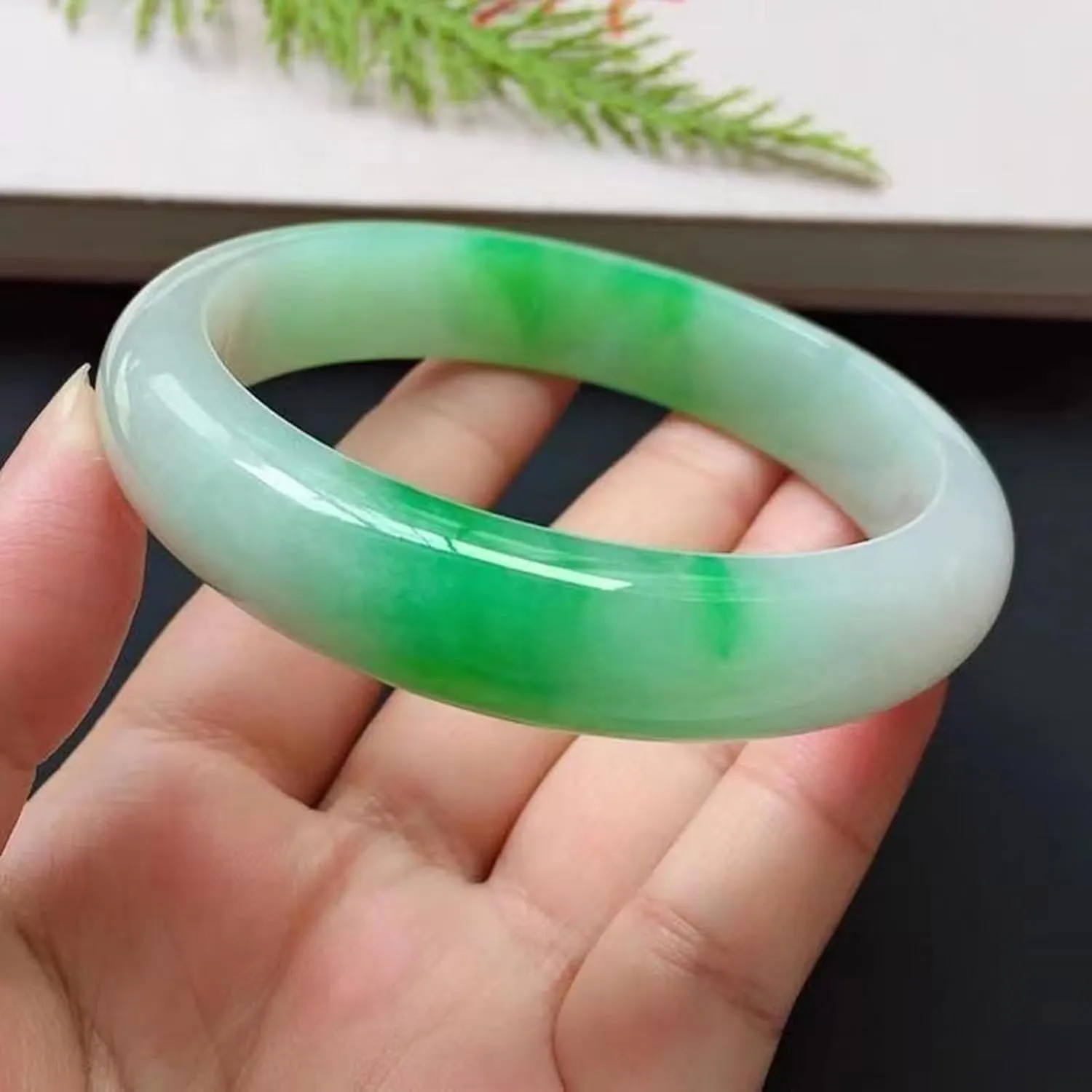 Natural Jade Bangle Bracelet for Women, White Floating Flower Green Jade Bracelet,Handmade with certificate