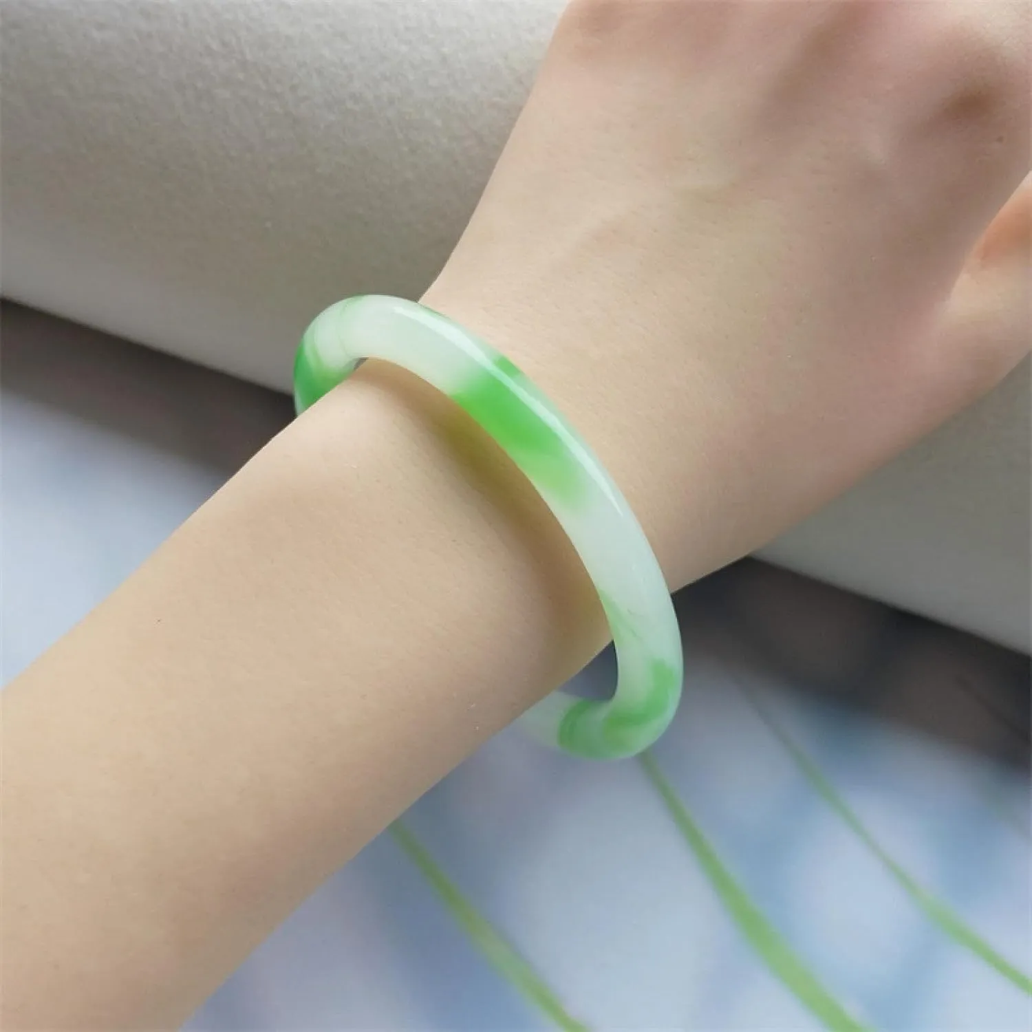 Natural Jade Bangle Bracelet for Women,Genuine White Floating Green Chalcedony, Agate Jade Bangle,Handmade