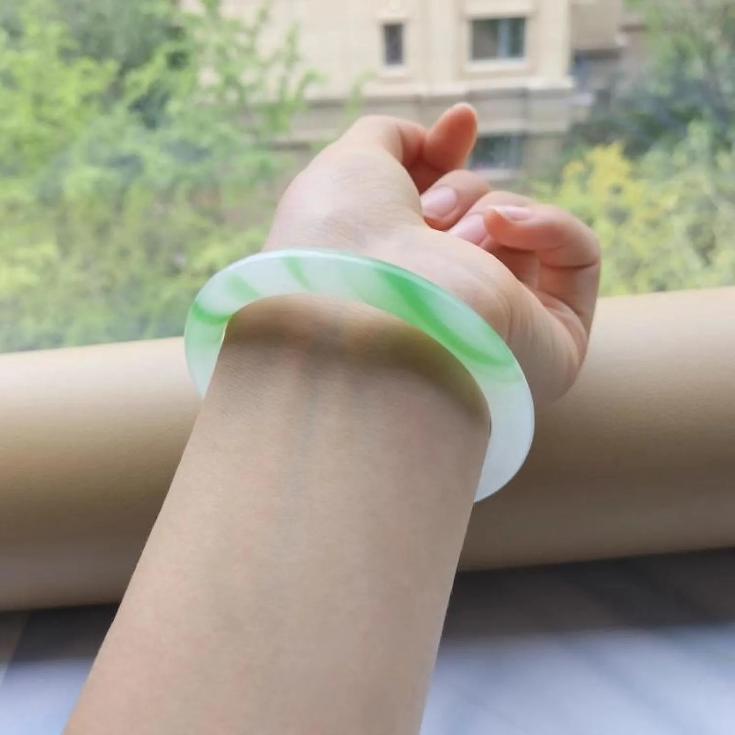 Natural Jade Bangle Bracelet for Women,Genuine White Floating Green Chalcedony, Agate Jade Bangle,Handmade