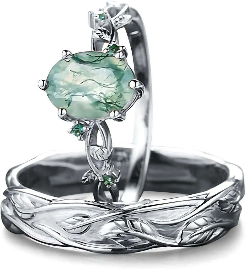 Natural Moss Agate Wedding Rings for Couple, S925 10K 14K 18K Gold Couple Rings Customized Green 2pcs Promise Bands Sets for Him and Her Bride for Anniversary Engagement Wedding