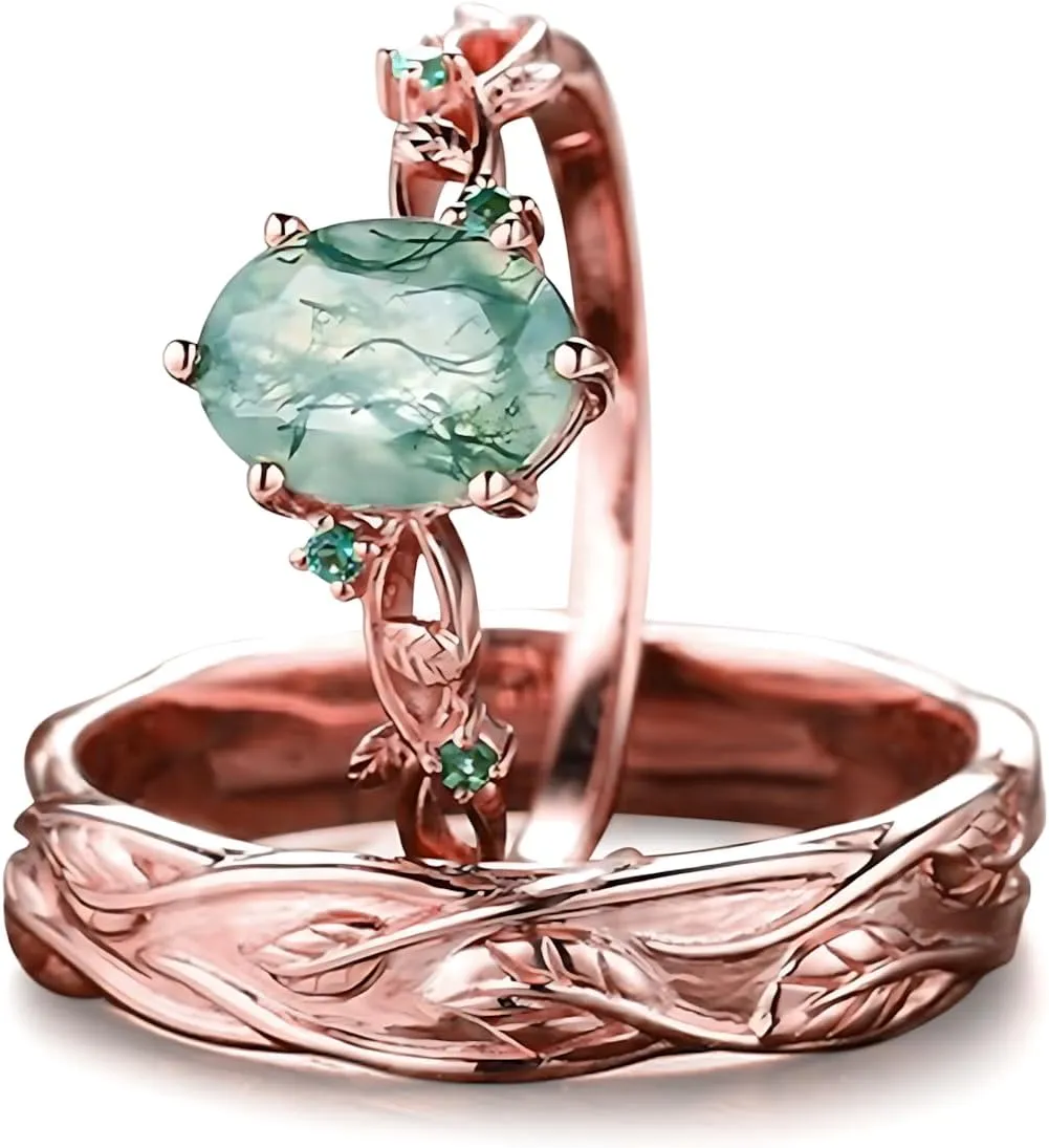Natural Moss Agate Wedding Rings for Couple, S925 10K 14K 18K Gold Couple Rings Customized Green 2pcs Promise Bands Sets for Him and Her Bride for Anniversary Engagement Wedding