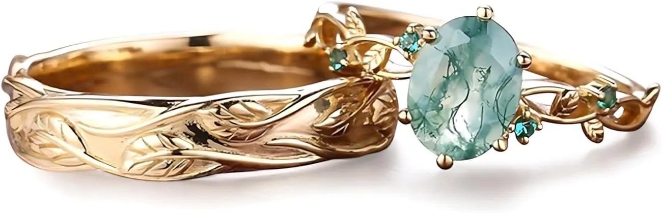 Natural Moss Agate Wedding Rings for Couple, S925 10K 14K 18K Gold Couple Rings Customized Green 2pcs Promise Bands Sets for Him and Her Bride for Anniversary Engagement Wedding