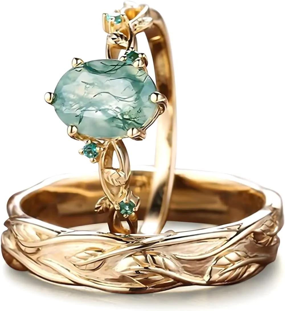 Natural Moss Agate Wedding Rings for Couple, S925 10K 14K 18K Gold Couple Rings Customized Green 2pcs Promise Bands Sets for Him and Her Bride for Anniversary Engagement Wedding