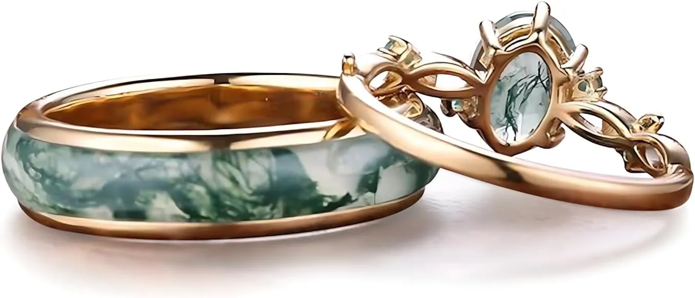 Natural Moss Agate Wedding Rings for Couple, S925 10K 14K 18K Gold Couple Rings Customized Green 2pcs Promise Bands Sets for Him and Her Bride for Anniversary Engagement Wedding