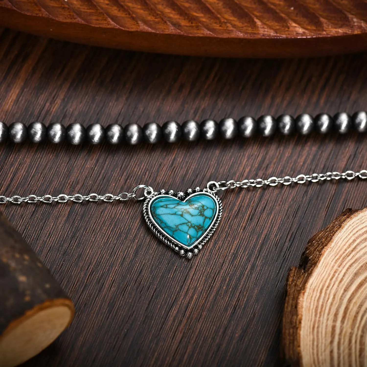 Navajo Pearl Necklace Western Jewelry for Women Turquoise Heart Bar Pendant Necklace Layered Boho Beaded Choker Necklace for Women