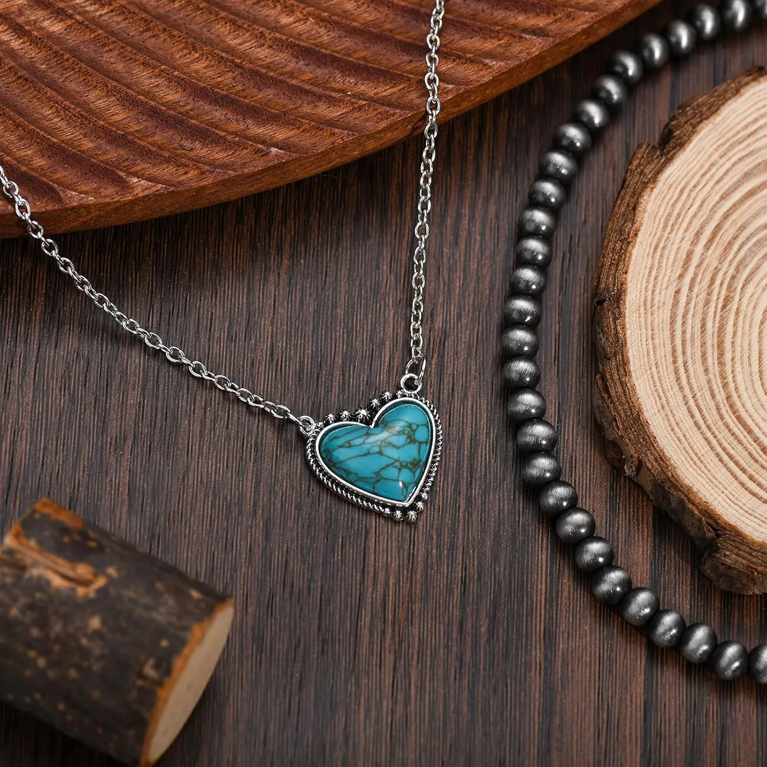 Navajo Pearl Necklace Western Jewelry for Women Turquoise Heart Bar Pendant Necklace Layered Boho Beaded Choker Necklace for Women