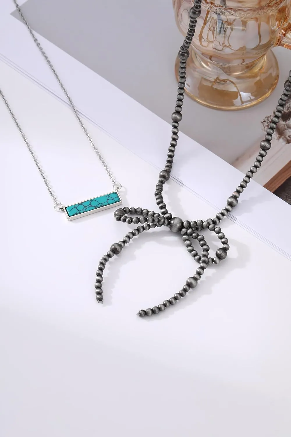 Navajo Pearl Necklace Western Jewelry for Women Turquoise Heart Bar Pendant Necklace Layered Boho Beaded Choker Necklace for Women