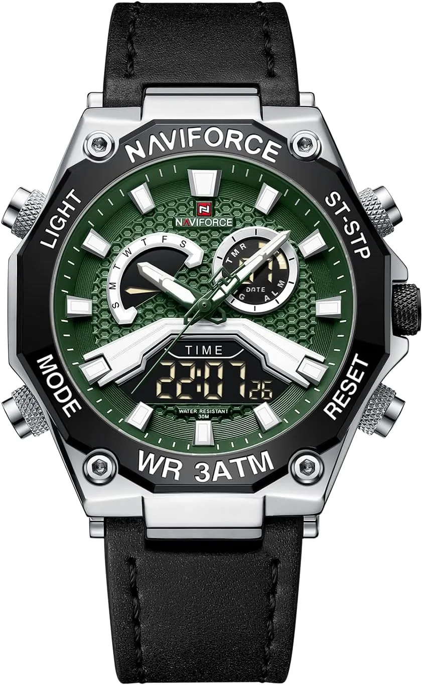 NAVIFORCE Mens Sport Digital Chronograph Watches Super Bright Backlight Waterproof Leather Wristwatch