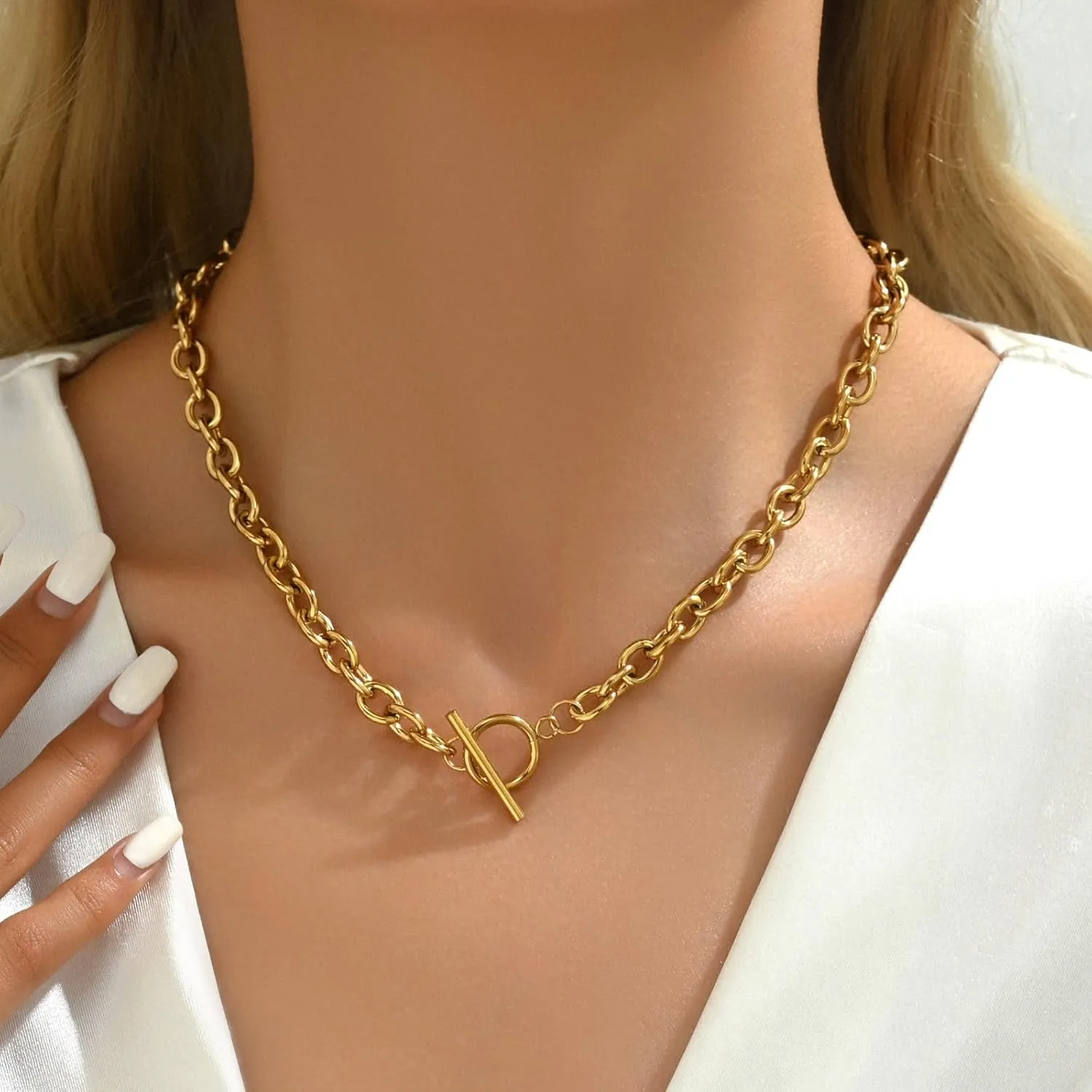 Necklace for Women 18K Gold Chunky Necklace Toggle Paperclip Statement Link T-Bar Clasp Dainty Gold Necklace Handmade Jewelry Gifts