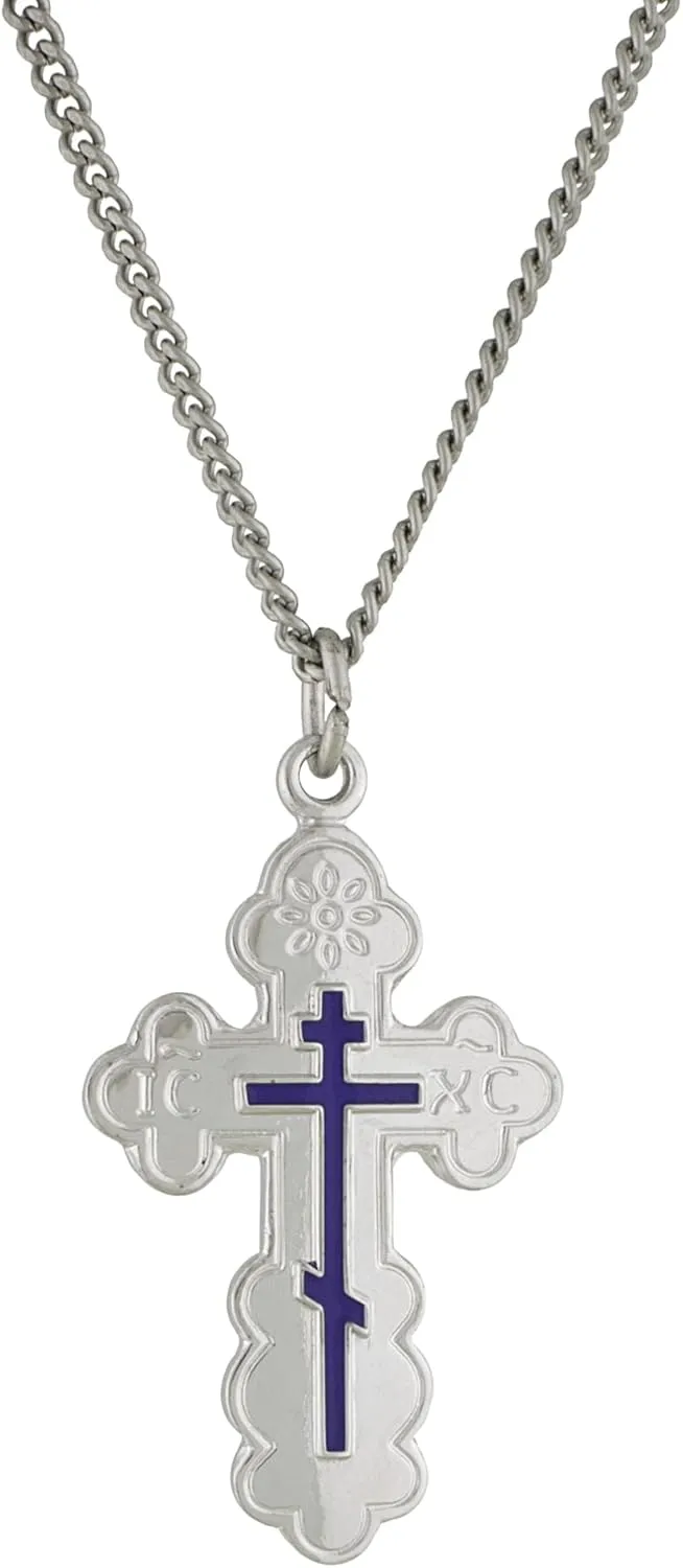 Needzo Eastern Orthodox Cross, Adult Baptism Gifts for Women, Sterling Silver with Blue Enamel and Stainless Steel Chain, 1 Inch Medal