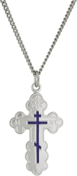 Needzo Eastern Orthodox Cross, Adult Baptism Gifts for Women, Sterling Silver with Blue Enamel and Stainless Steel Chain, 1 Inch Medal