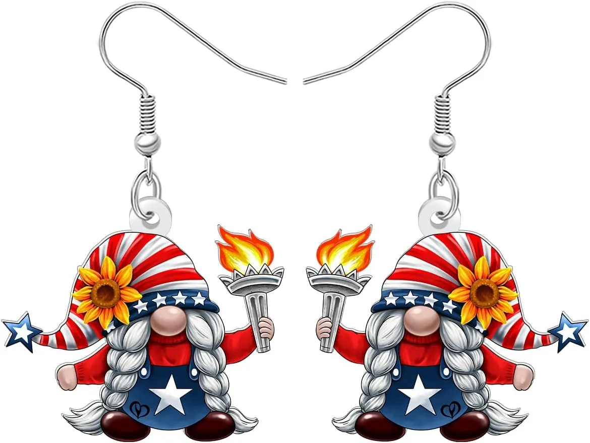 NEWEI Acrylic Funny 4th of July Dwarf Gnomes Dangle Earrings for Women Mom Unique American Flag Hat Patriotic Earrings Independence Day Jewelry Gnome Gifts Outfit Accessories