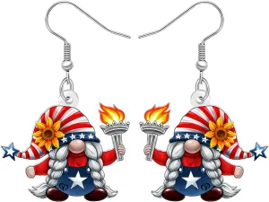 NEWEI Acrylic Funny 4th of July Dwarf Gnomes Dangle Earrings for Women Mom Unique American Flag Hat Patriotic Earrings Independence Day Jewelry Gnome Gifts Outfit Accessories