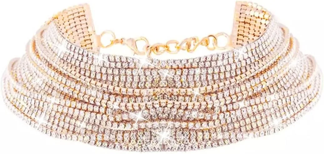 Nicute Rhinestone Choker Necklace Multi Layered Chain Crystal Diamond Statement Necklace Wedding Jewelry for Women