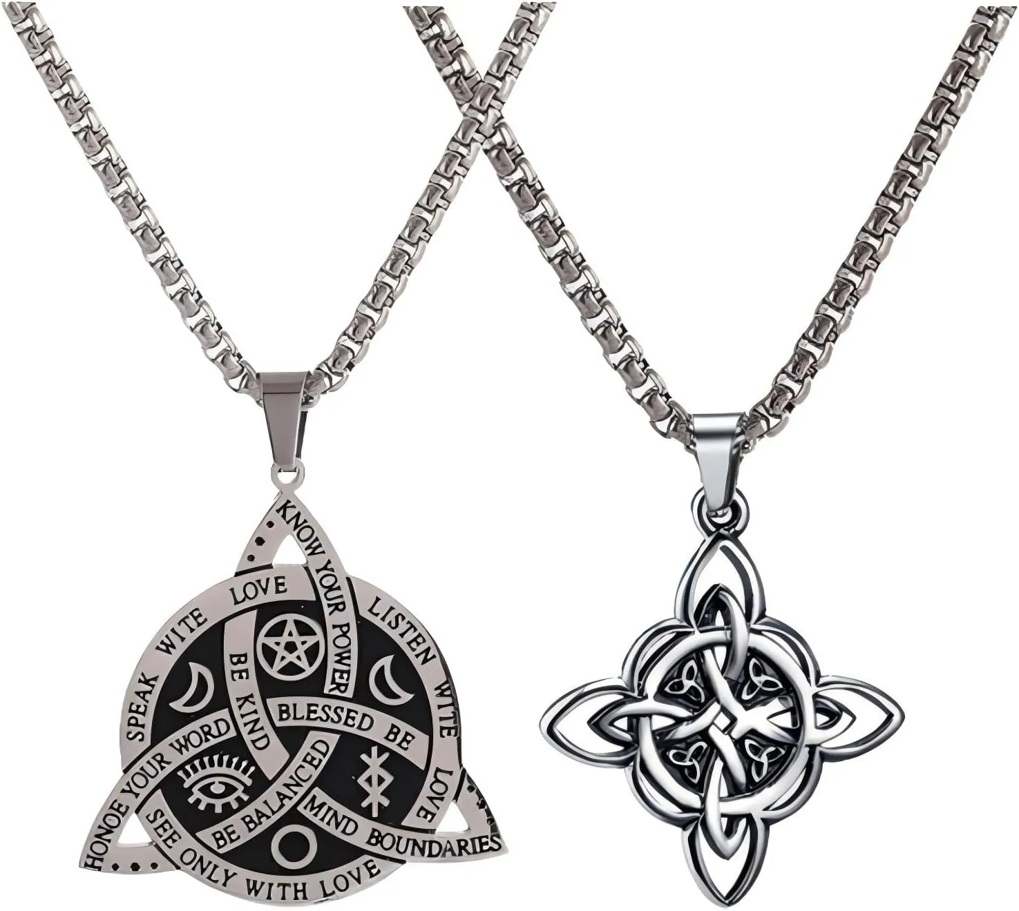 NIGHTCRUZ 2PCS Witch Knot Necklace, Celtic Knot Pendant with Triquetra Trinity, Stainless Steel Necklace for Women