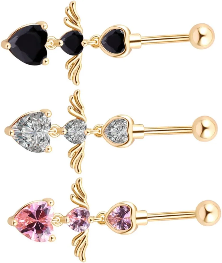NOLITOY 3Pcs Heart Shape Belly Button Rings with Wing Design Chic Body Jewelry for Women Stunning Navel Piercing Accessories and Colors Eye Catching and