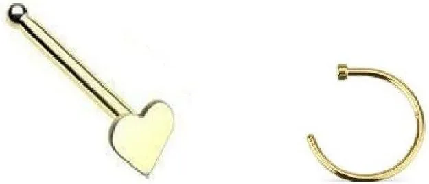 Nose Rings Pack of 2 Heart Design Nose Bone & Anodized Nose Hoop 20ga Surgical Steel