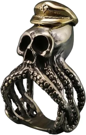 Octopus Ring, Squid Ring for Men, Norse Viking Pirate Skull Head Ring Gothic Octopus Skull Jewelry, Hip Hop Pirate Hat Anchor Ring Punk Octopus Animal Ring for mens
