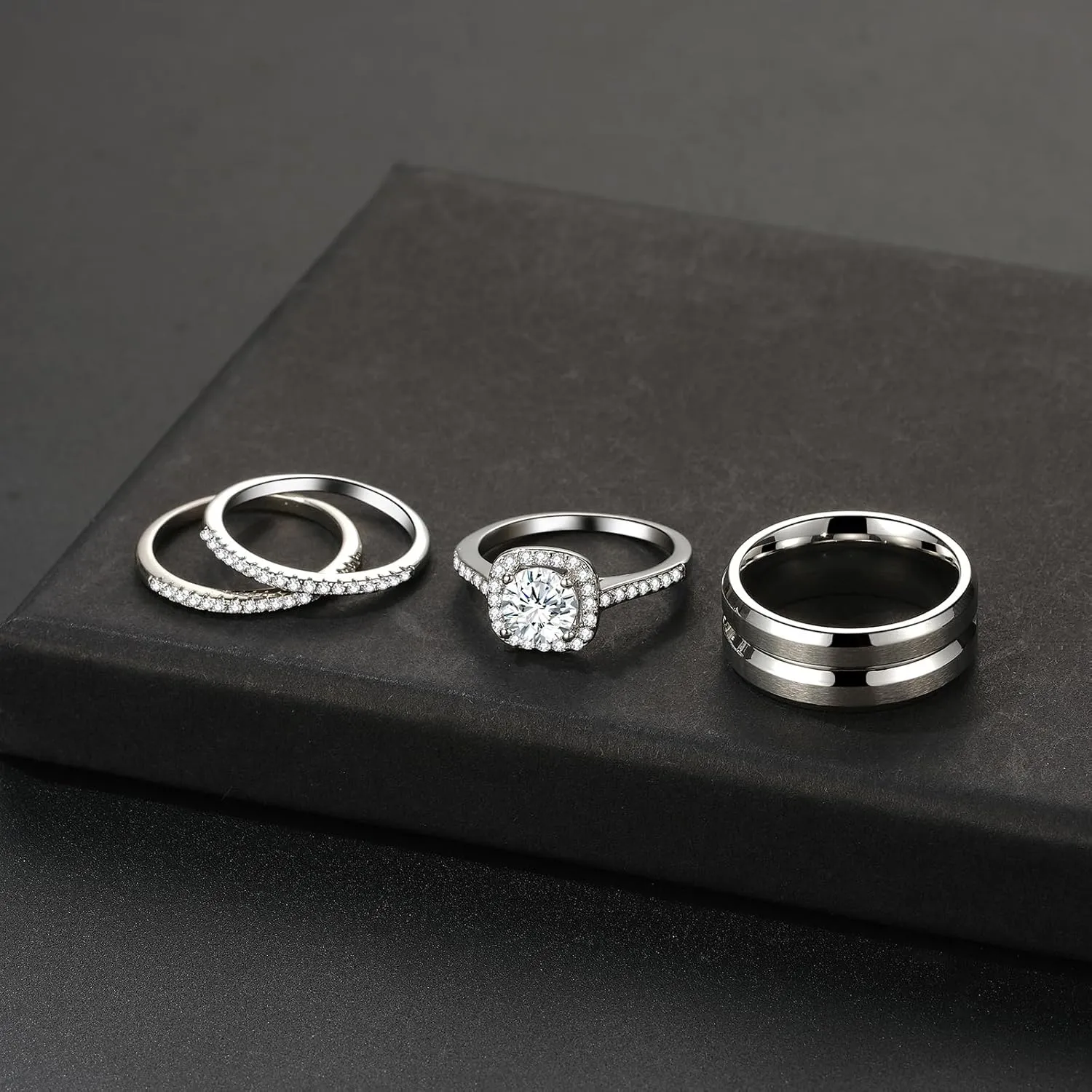 OIDEA Promise Rings for Women: Silver Cubic Zirconia Three-in-One Stacking Engagement Wedding Rings Band for Her Couple Eternity Rings Jewelry Gift