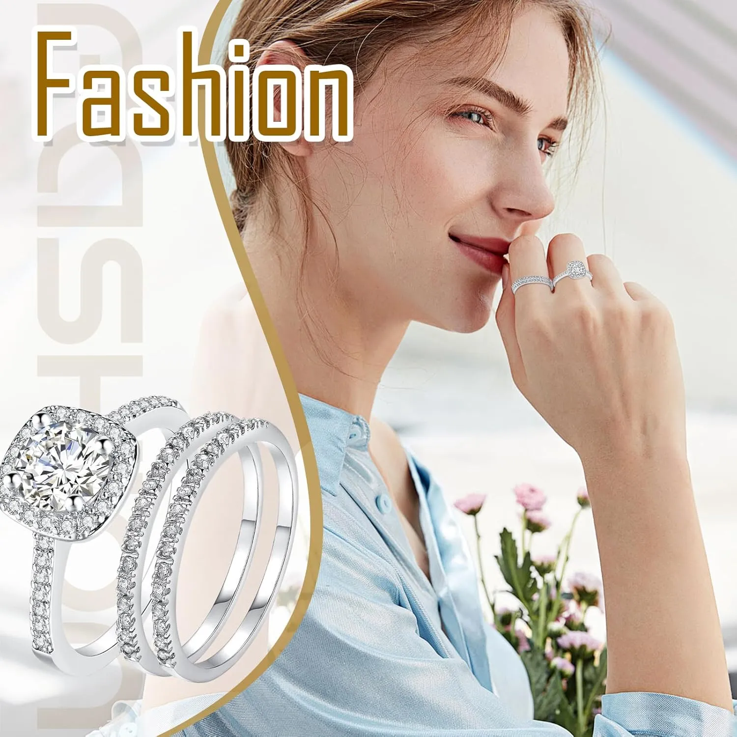 OIDEA Promise Rings for Women: Silver Cubic Zirconia Three-in-One Stacking Engagement Wedding Rings Band for Her Couple Eternity Rings Jewelry Gift