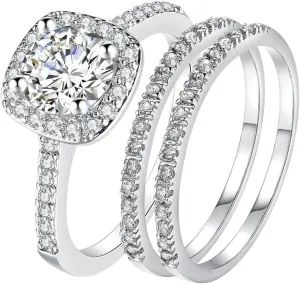 OIDEA Promise Rings for Women: Silver Cubic Zirconia Three-in-One Stacking Engagement Wedding Rings Band for Her Couple Eternity Rings Jewelry Gift