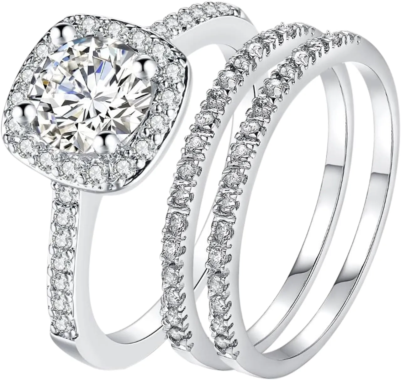 OIDEA Promise Rings for Women: Silver Cubic Zirconia Three-in-One Stacking Engagement Wedding Rings Band for Her Couple Eternity Rings Jewelry Gift