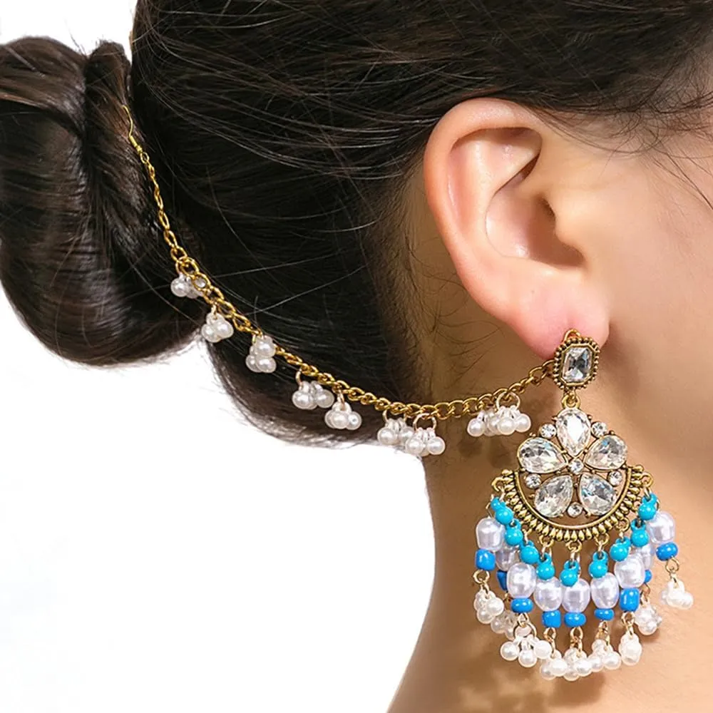 OIDIMS Vintage Crystal Bollywood Earrings Boho Flower Beaded Tassel Traditional Unique Dangle Earring Ethnic Bohemian Jhumka Jhumki Hair Accessories for Women Wedding Party Fashion Gift Jewelry