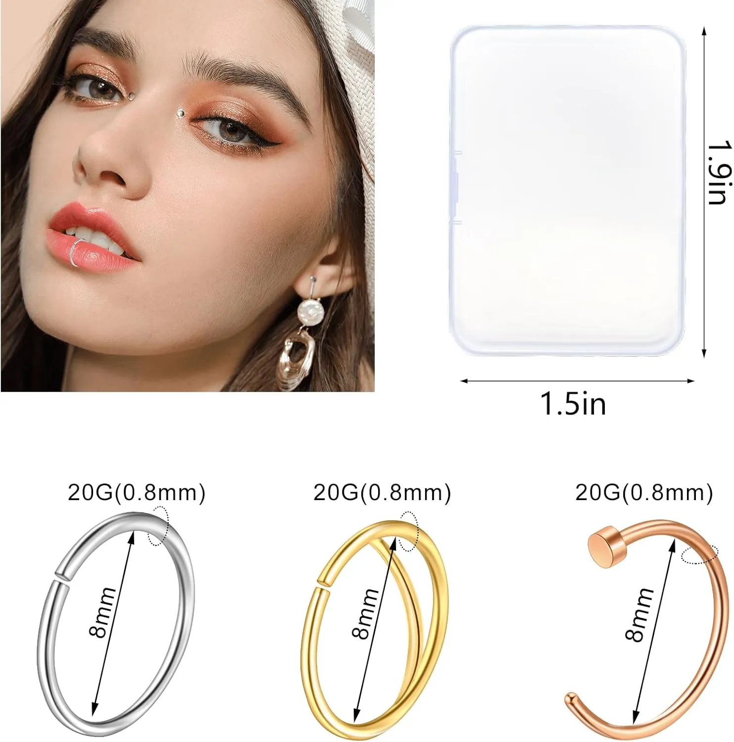 ONESING 32-55 Pcs 20G Nose Rings Hoops & Studs - L Shape, CZ, Stainless Steel Body Piercing Jewelry