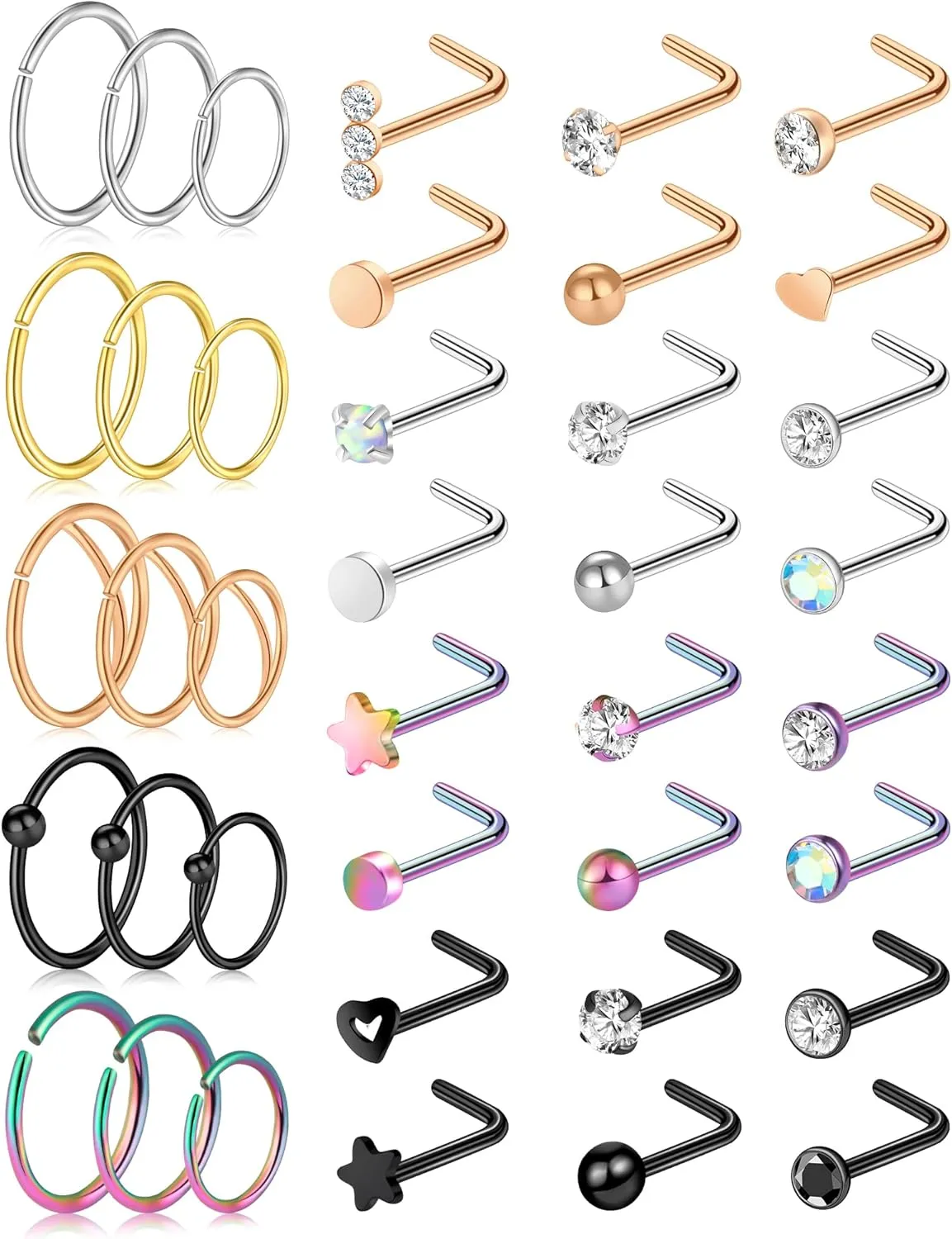ONESING 32-55 Pcs 20G Nose Rings Hoops & Studs - L Shape, CZ, Stainless Steel Body Piercing Jewelry