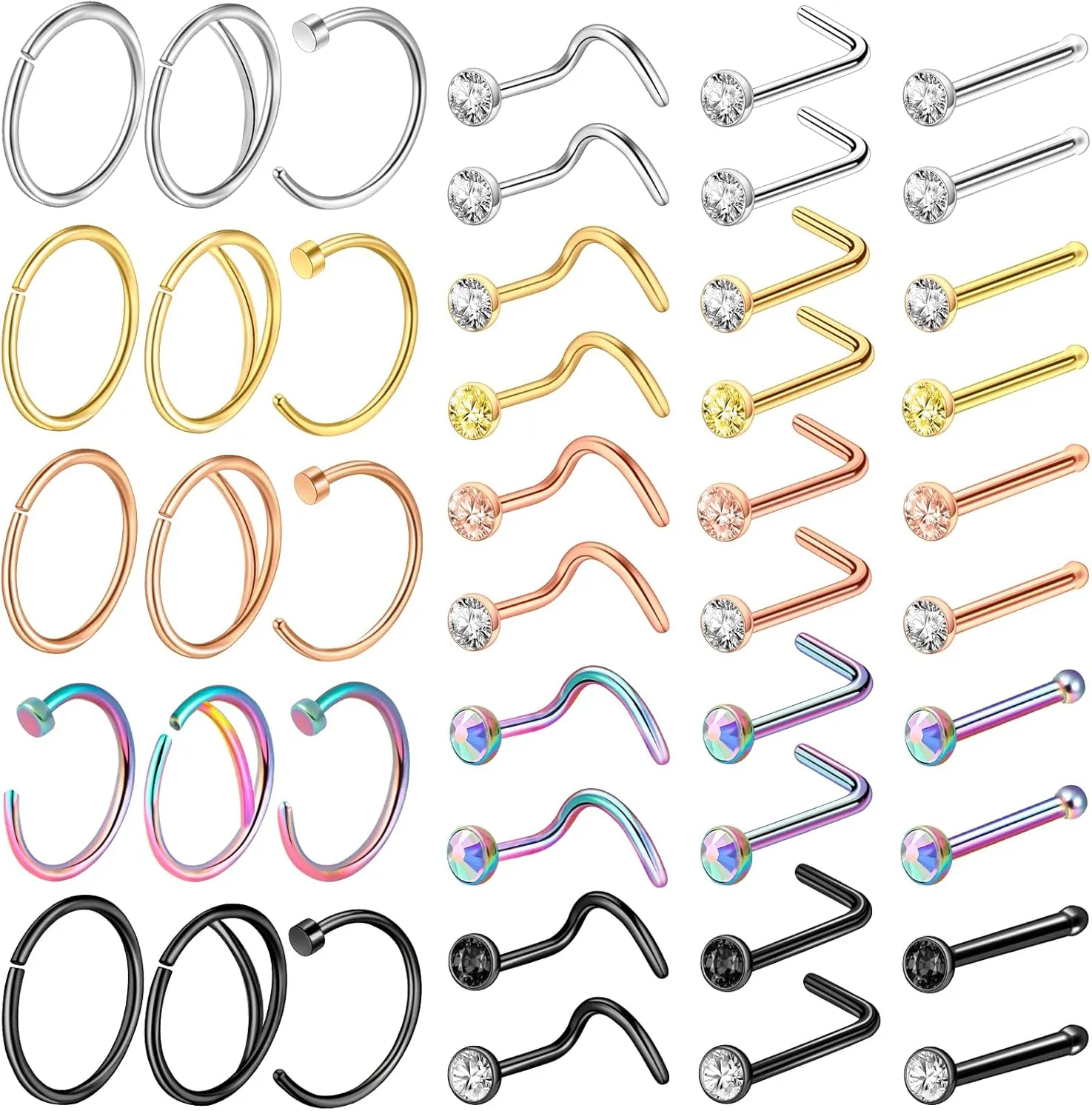 ONESING 32-55 Pcs 20G Nose Rings Hoops & Studs - L Shape, CZ, Stainless Steel Body Piercing Jewelry