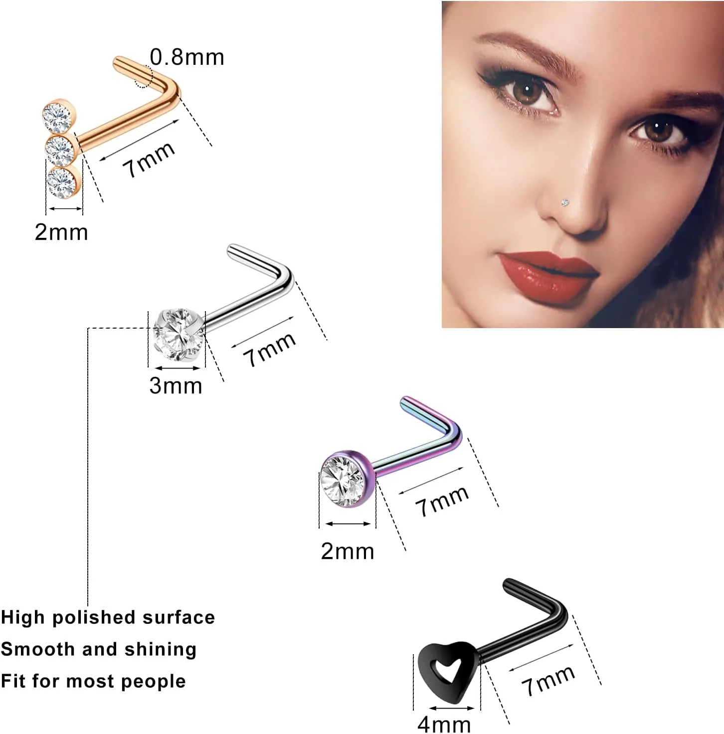 ONESING 32-55 Pcs 20G Nose Rings Hoops & Studs - L Shape, CZ, Stainless Steel Body Piercing Jewelry