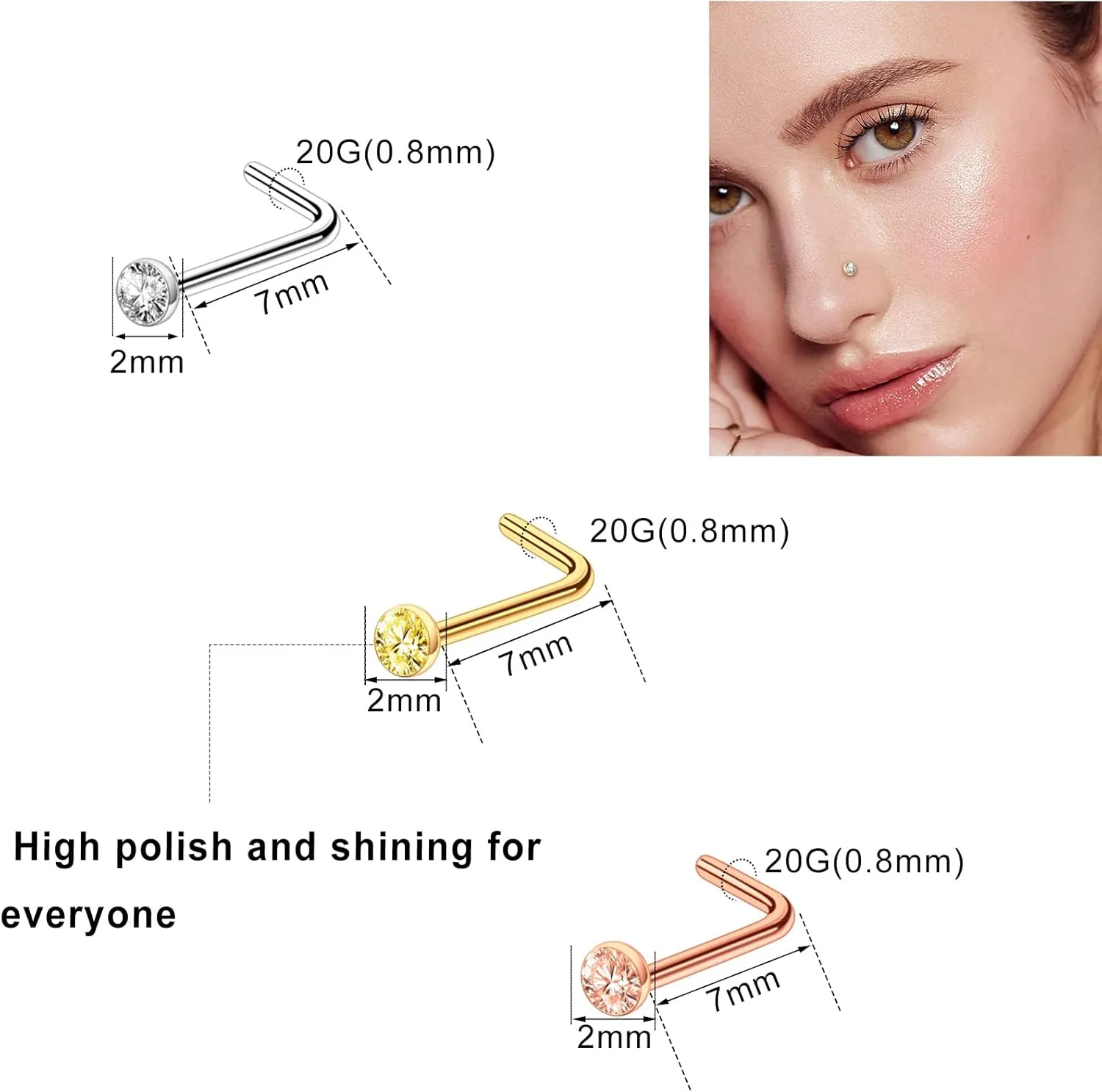 ONESING 32-55 Pcs 20G Nose Rings Hoops & Studs - L Shape, CZ, Stainless Steel Body Piercing Jewelry