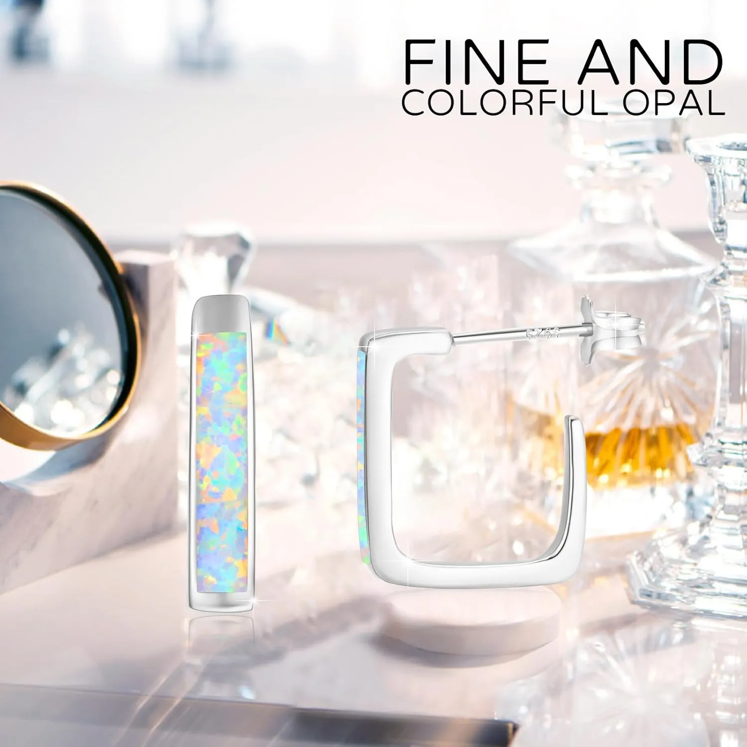 Opal Earrings for Women Sterling Silver White/Blue/Orange Opal Square Hoop Earrings Hoop Jewelry Gift for Women