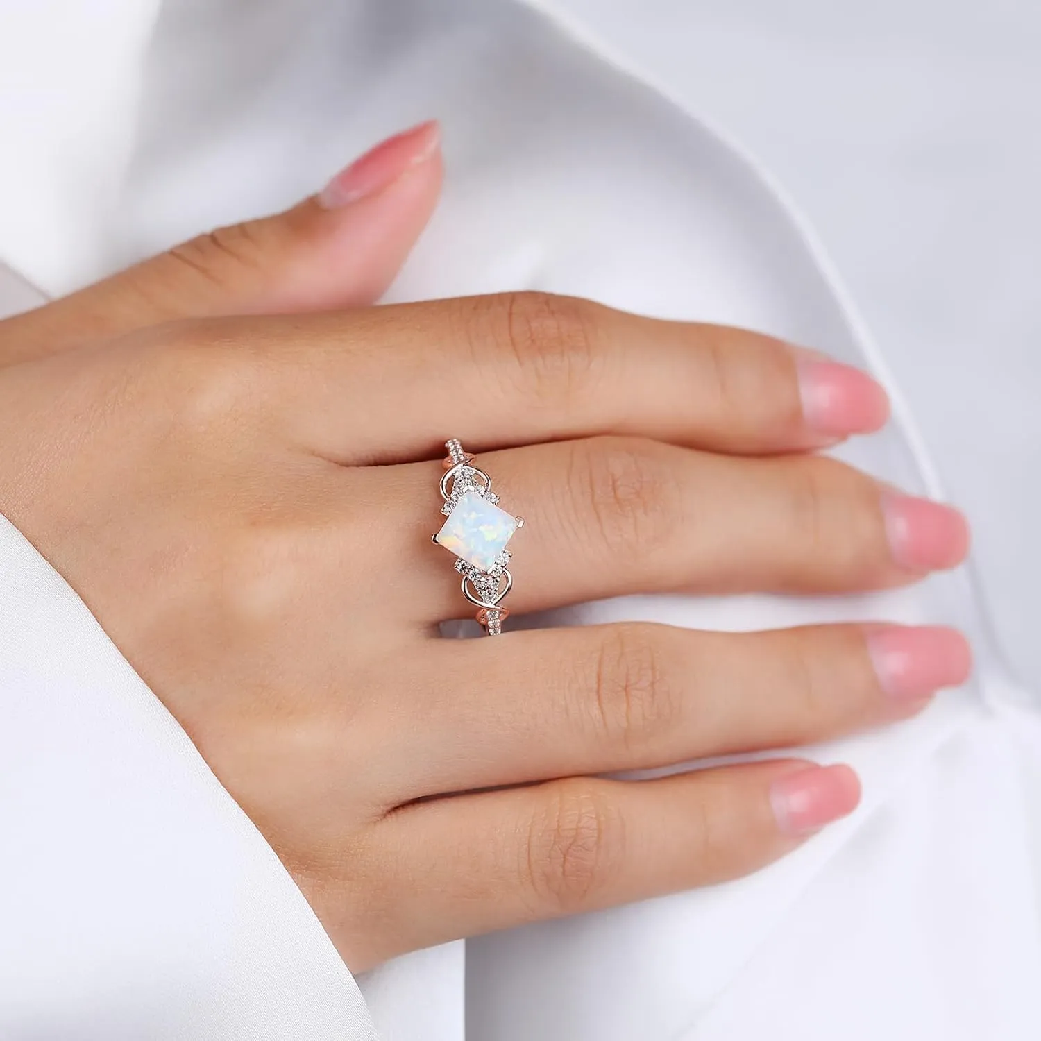 Opal Engagement Rings for Women, 925 Sterling Silver Rings for Women, Princess Cut Opal Promise Rings for Her Wedding Rings for Women Size 3-10