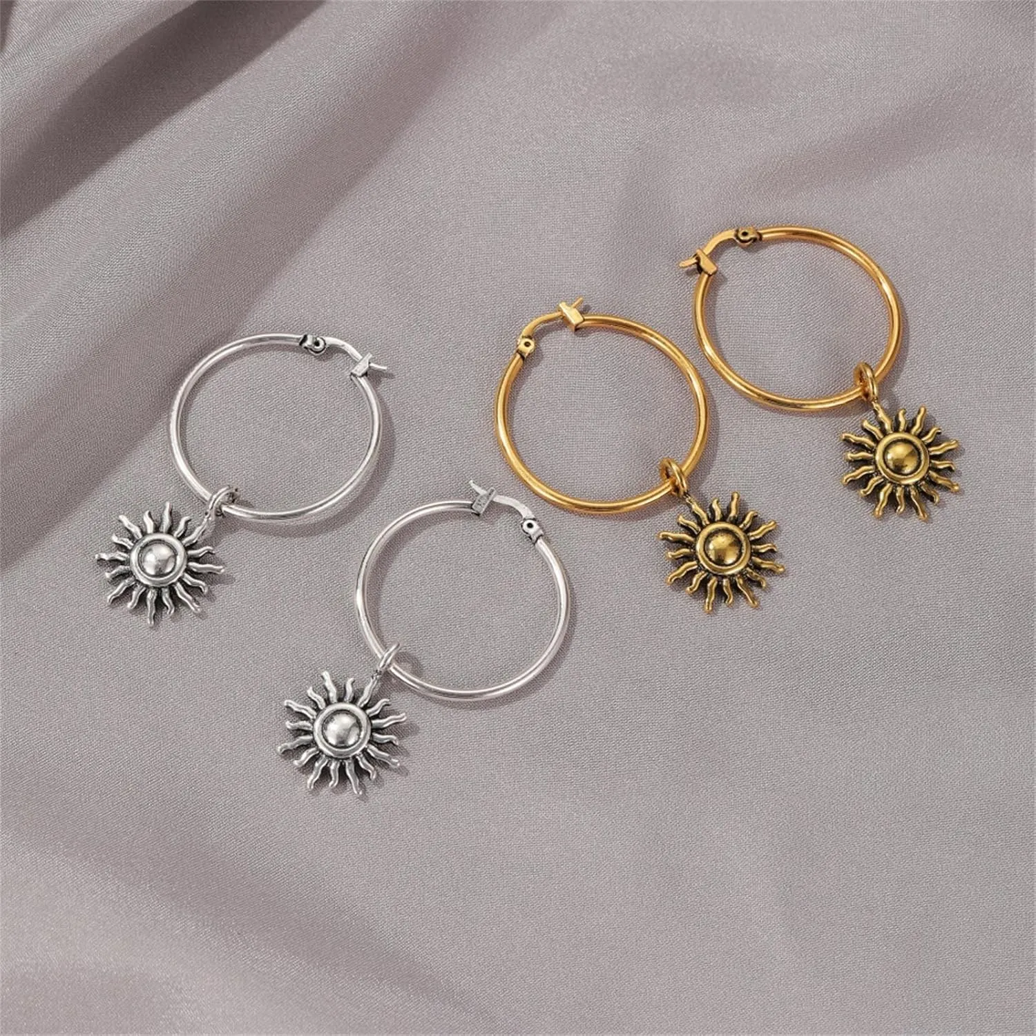 Opal Sun Hoop Earrings Gold Silver Plated Vintage Unique Sunflower Flower Sunburst Celestial Lightweight Dangle Drop Earrings for Women Boho Style Birthday Party Vacation Fashion Jewelry Gifts