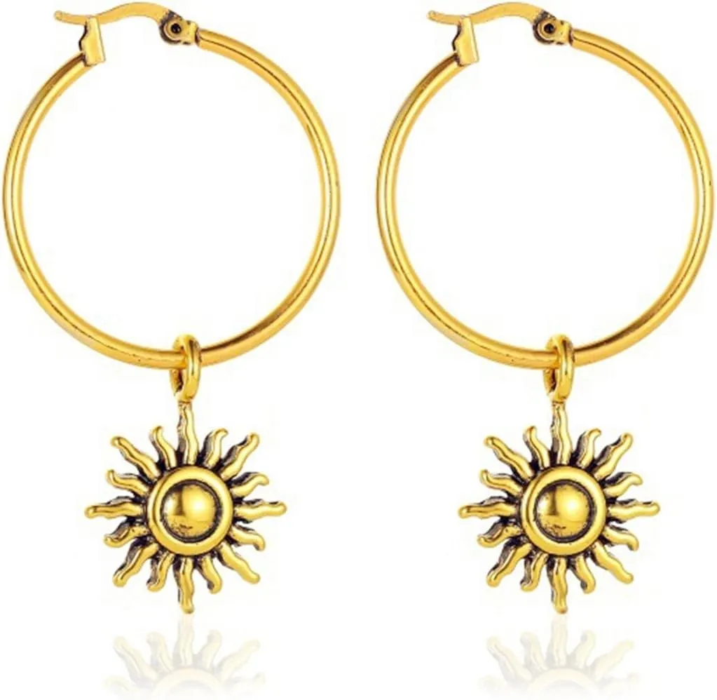 Opal Sun Hoop Earrings Gold Silver Plated Vintage Unique Sunflower Flower Sunburst Celestial Lightweight Dangle Drop Earrings for Women Boho Style Birthday Party Vacation Fashion Jewelry Gifts