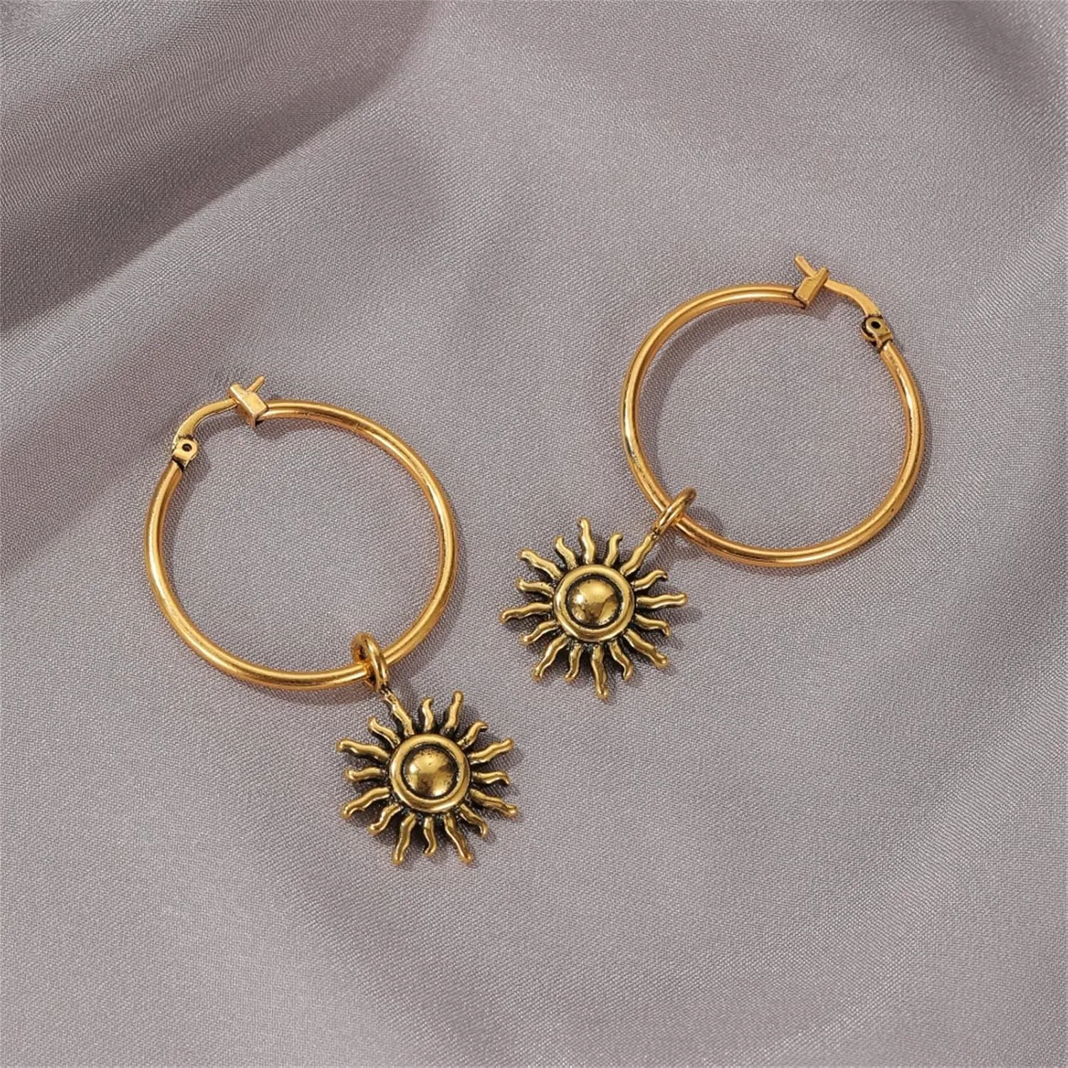 Opal Sun Hoop Earrings Gold Silver Plated Vintage Unique Sunflower Flower Sunburst Celestial Lightweight Dangle Drop Earrings for Women Boho Style Birthday Party Vacation Fashion Jewelry Gifts